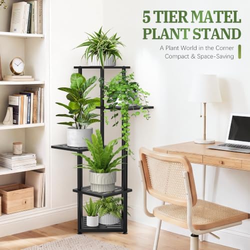 5 Tier Plant Stand Indoor Outdoor, Metal Shelf Holder Corner Black - Image 4
