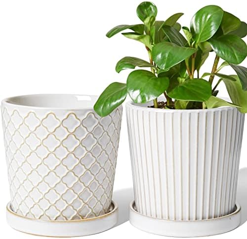 LE TAUCI Ceramic Pots for Plants, 5.4 Inch Plant Pots with Drainage Hole and Saucer, Indoor Plant Pots for Succulent, Snake Plants and Cactus, Flower Pots, Set of 2, Reactive Glaze White by LETAUCI