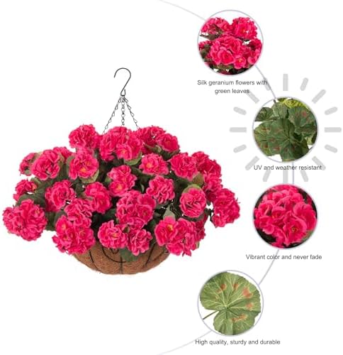 INSPRING Geraniums Artificial Flowers Hanging Basket for Outdoors Outside Decoration, 8 Bundles Silk Flowers Fake Plants Look Real UV Resistant for Porch Home Patio Balcony Yard, Hotpink - Image 7