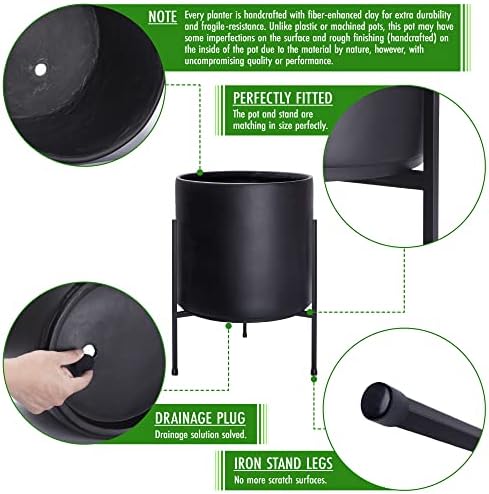 D'vine Dev Cylinder Planter Pot with Metal Stand, Black, 14 in, 96-T-B-4 - Image 4