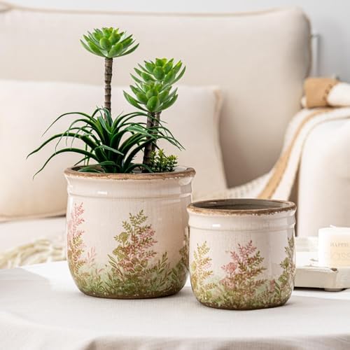 SURE YUESI Ceramic Plant Pots Set of 2, 4.7+5.7 Inch Vintage Indoor Planters with Drainage Hole, Farmhouse Ceramic Flower Pots for Indoor Plants, Rustic Cottage Decor for Home Kitchen Garden, Pink - Image 2