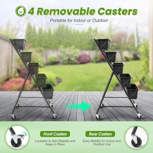 TEANDE 2 Pack Vertical Raised Garden Bed with Wheels, 5-Tier Elevated Planter Box w/Drainage System & 4 Hooks for Herbs Vegetables Flowers, Vertical Garden Planter for Patio Yard Indoor Outdoor - Image 5