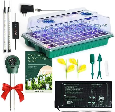 Seed Starter Kit with Grow Lights & Heat Mat – 40-Cell Seed Starter Tray, Humidity Dome, Soil Moisture Meter & Sticky Gnat Traps – Indoor Greenhouse & Plant Propagation Station by GROWFRIEND