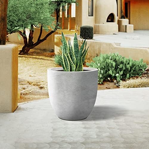 Round Concrete/Fiberglass Indoor & Outdoor Lightweight Decorative Plant Pots with Drainage Hole, Single Planter, 16.5" L, Natural Concrete - Image 4