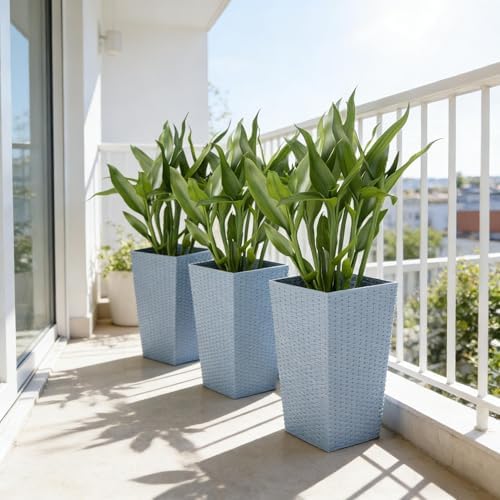 Tall Rattan Style Planters, Set of 3, 24 Inch, Light Gray by Noeko