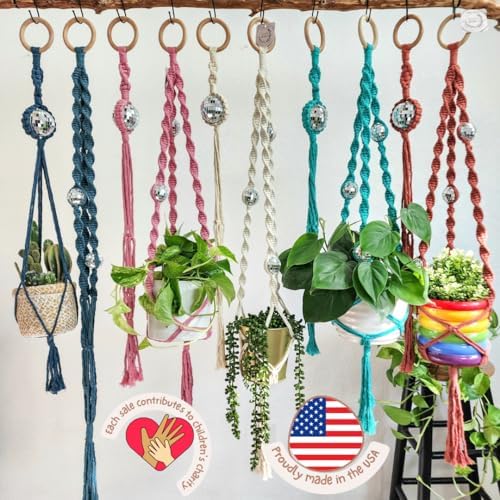 Set of 2 Macrame Plant Hanger Disco ball decor Hanging planters for indoor plants Cool gifts for plant lovers Boho plant pots plant stand indoor Hanging planters for outdoor plants (Peacock Blue) - Image 6