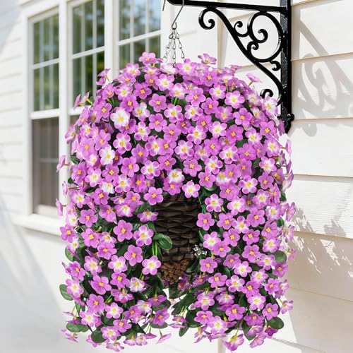 HyeFlora Artificial Fake Hanging Flowers with Basket for Outdoor Decoration,UV Resistant Faux Silk Daisy Flowers Light Fuchsia Orchid Vines in Planter Realistic Hanging Baskets for Home Porch Garden by HyeFloraartificialflowers