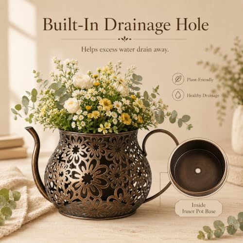 Antique Metal Teacup Planter for Outdoor Plants Teapot Planter Floral Hollow Out Decorative Rustic Iron Flower Pot for Summer Garden Patio Home Decor (Bronze) - Image 5