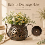 Antique Metal Teacup Planter for Outdoor Plants Teapot Planter Floral Hollow Out Decorative Rustic Iron Flower Pot for Summer Garden Patio Home Decor (Bronze) - Image 5