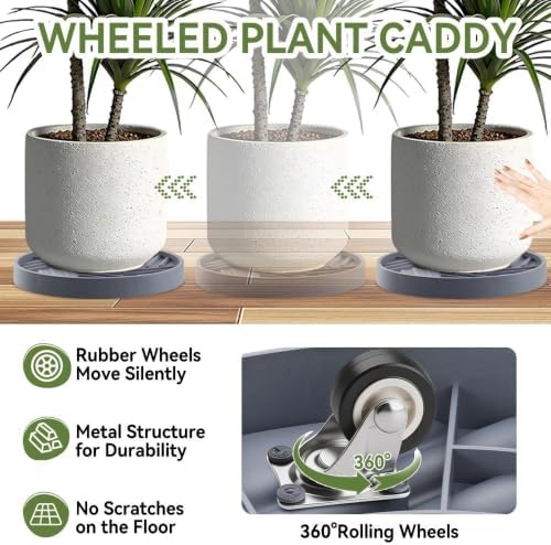 2 Pcs Plant Caddy with Hidden Wheels 13.5 Inch Heavy Duty Rolling Plant Stand, Indoor Outdoor Plant Saucer Tray with $9.9 Garden Tools (Gray) - Image 3