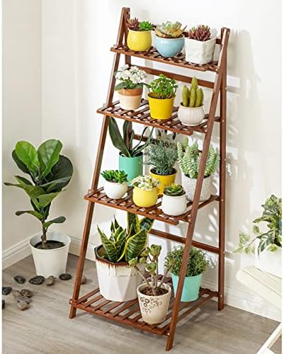 Bamboo Plant Stand, 4 Tier Ladder Flower Pots Holder with Rear Bar,Foldable Corner Standing Shelf for Patio Garden Balcony Living Room Display Shelves (Size : 50x45x122cm) - Image 5