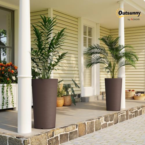 Outsunny 29 Inch Tall Planters for Outdoor Plants Set of 2, Brown - Image 2