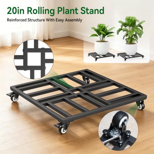 20" Plant Caddy with Wheels, Rolling Metal Plant Stand Holds up to 600 lbs, Square Plant Dolly with Lockable Caster Wheels for Large Planter Pots, Heavy Items, Indoor and Outdoor Use (black) - Image 6