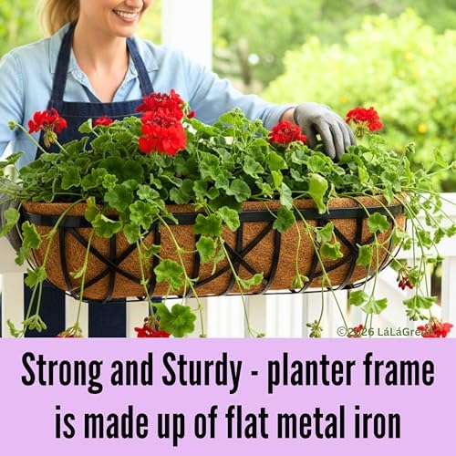 LaLaGreen 36 Inch, 4 Pack Railing Planters with Coir Liner – Large Black Metal Window Boxes with Adjustable Brackets for Wall Mounting, Herb Pots, Balcony & Fence Planter for Patio, Porch, Garden - Image 4