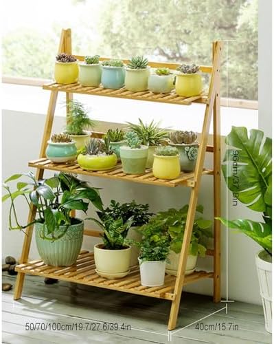 Folding Bamboo Plant Stand, Flower Pot Display Shelf Rack Tiered Plant Stand, Flower Display & Storage Rack, Planter Ladder Shelf for Indoors Outdoors Patio Balcony Garden,C-70 * 40 * 96cm - Image 2