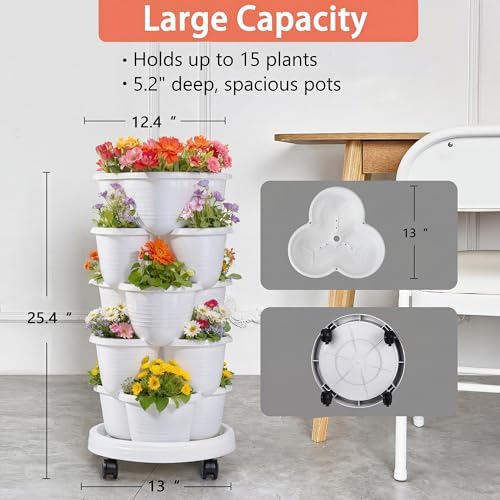 VECELO 5 Tier Vertical Garden Planter, Self Watering Stackable Planters with Wheels for Strawberries, Herbs, Flowers, Vegetables, White - Image 5