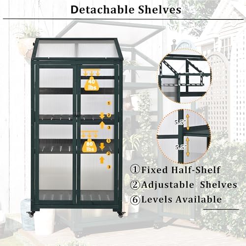 62-Inch Fir Wood Balcony Greenhouse Cold Frame with 4 Wheels - Image 2