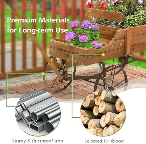 DORTALA Wood Wagon Planter, Outdoor Garden Flower Planter Cart with Wheels, Small Decorative Wood Raised Bed Plant Pot Box Stand for Backyard, Patio, Balcony, Natural - Image 4