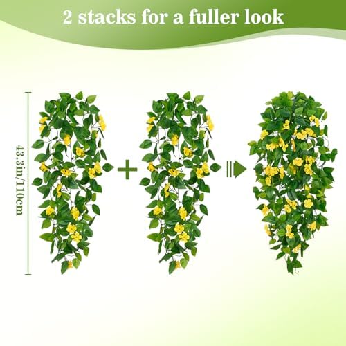 BLEUM CADE Artificial Hanging Flowers for Outdoors, 4pcs Fake Hanging Plants Pothos Vines with Yellow Flowers for Wall Home Living Room Indoor Outdoor Decor (No Baskets) - Image 2