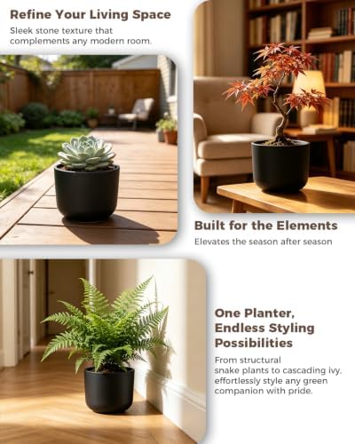 Kante Black Round Concrete Planter 11" Dia for Modern Home with Drainage - Image 6