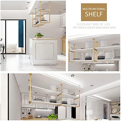 Hanging Ceiling Pot Pan Rack Kitchen Storage Shelving,White Wood Shelf and Gold Metal Iron Frame Wine Holder Flower Stand-60cm/80cm/120cm/150cm Floating Decor Display Racking for B - Image 7