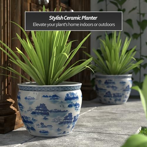 Red Lantern 16" Landscape Blue & White Porcelain Fishbowl Planter or Cachepot for Indoor/Outdoor Use in Garden Entryway Living Room Boho Eclectic Modern Contemporary Classic Traditional Style Decor - Image 2