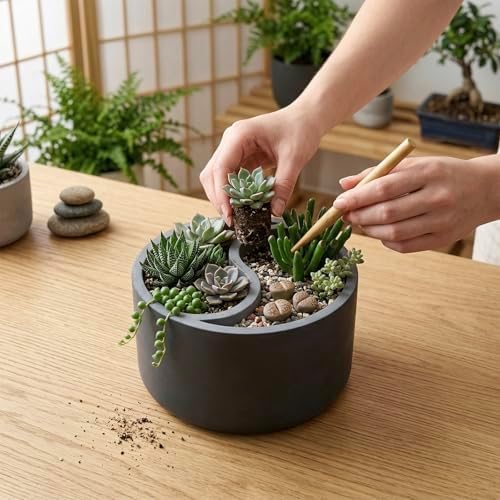 MyGift 8 Inch Round Yin Yang Shaped Gray Concrete Succulent Planter with Drainage Holes, Decorative Indoor Garden Dual Sided Flower Plant Pot for Small Houseplants - Image 4