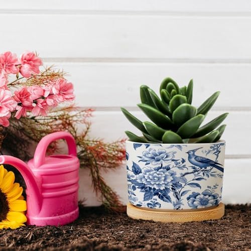 Blue Indigo Floral Chinoiserie Ceramic Planter Asian Navy Bird Pots for Plants with Drainage Holes and Saucers Pot for Home Office Desk Garden - Image 5