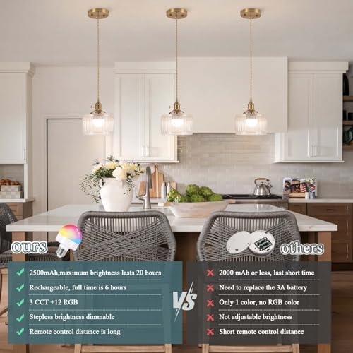 Battery Operated Pendant Light,Vintage Light Fixtures 2500mAh 6.6in RGB Light Bulb with Remote Control Wireless Adjustable Rechargeable Chandelier for Kitchen Island Hallway 1Light - Image 5