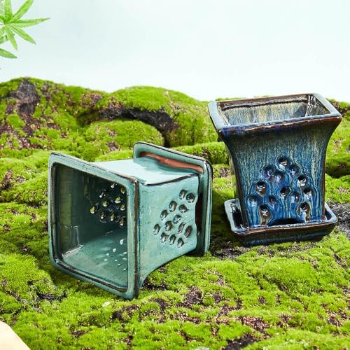 Ceramic Orchid Pots with Holes attached Saucers 4.8 Inches - Set of 2 Small Square Orchid Pots for Repotting, Decorative Ceramic Orchid Planter with Hole for Healthy Root Growth Blue and Green - Image 6
