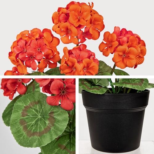 Briful Fall Geranium Artificial Flowers Realistic Potted Plant, Orange - Image 6