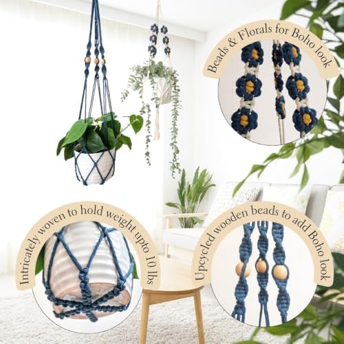 Set of 2 Macrame plant hanger with Daisies & Beads | Hanging plant holder Macrame Plant hangers outdoor and indoor hanging planters Plant stand indoor Boho Decor hanging planter stand (Peacock Blue) - Image 5