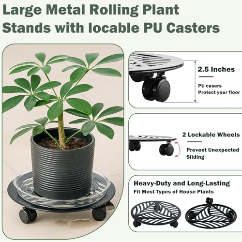 3 Packs Large Metal Plant Caddy with PU Wheels 12"/ 13"/ 13.6" Heavy-Duty Wrought Iron Rolling Plant Stands Indoor Outdoor Wheeled Plant Dolly Planter Mover Rollers Plant, Leaf Style - Image 2