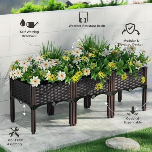 47 Inch Wicker Elevated Garden Planter with Legs - Rectangular Raised Bed with Self-Watering Design for Outdoor Vegetables, Flowers & Herbs, Large Gardening Box for Patio, Backyard & Balcony - Image 6