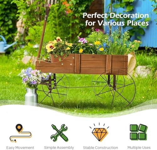 DORTALA Wood Wagon Planter, Outdoor Garden Flower Planter Cart with Wheels, Small Decorative Wood Raised Bed Plant Pot Box Stand for Backyard, Patio, Balcony, Natural - Image 7