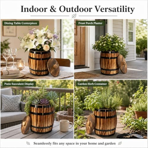 Sunmuliiiy2Pcs Wood Wine Barrel Vase 8" x 6.5" Rustic Wooden Flower Vase Rustic Barrel Barrel Planter for Wedding Reception Table Decoration Home Indoor Outdoor Garden, Kitchen, Party Table Decoration - Image 6