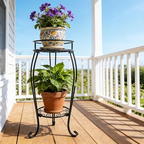 CASIMR 2-Pack Plant Stand, 2 Tier 26.8 inch Tall Metal Potted Holder Rack,Indoor Outdoor Multiple Flower Pot Shelf Rustproof Iron Garden Container for Garden Patio Living Room Corner Balcony, Black - Image 2