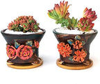 5.5 Inch Succulent Pot Handmade Flower Design Round Ceramic Antique Plant Pot Cactus Pot Planter with Drainge and Saucer Set of 2 by SUMMERIMPRESSIONS