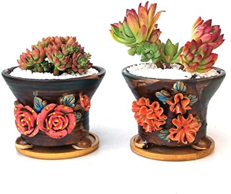 5.5 Inch Succulent Pot Handmade Flower Design Round Ceramic Antique Plant Pot Cactus Pot Planter with Drainge and Saucer Set of 2 by SUMMERIMPRESSIONS