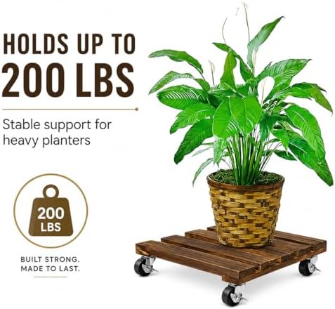 4 Pack Wooden Plant Stand With Wheels, 12" Rolling Planter Base Plant Stand, With Metal Lockable Caster Wheels, For Indoor Outdoor Plant Pots - Image 3