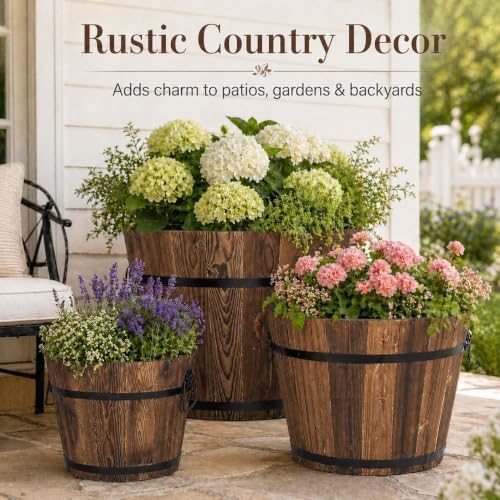 BNSPLY 3 Pcs Whiskey Barrel Planters, Wooden Planter Barrel Set with Handle & Drainage Holes, Rustic Outdoor Flower Pots for Plants, Herbs, Veggies, Indoor Outdoor Use, Brown - Image 3
