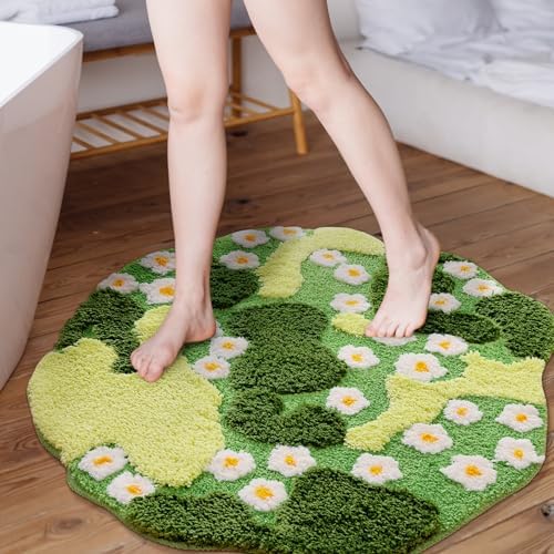 YIKUSH Moss Rug, Cute Green Plant Bath Mat with White Flowers, 29x26 Inch - Image 6