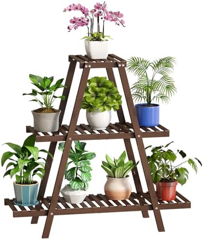 BMOSU Plant Stand Bamboo for Indoor Outdoor Tiered Plant Shelf 8 Potted Flower Holder Ladder Rack Garden Balcony Living Room Patio(3 Tier Brown) by BMOSU