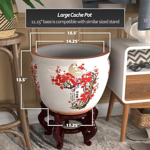 Red Lantern Large 18" Porcelain Fishbowl Cherry Blossom Planter - Image 4