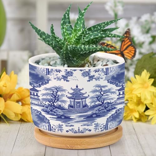 Chinoiserie Blue Asian Ceramic Planters Chinoiserie Chic Asian Snake Plant Live Indoor with Pot with Drainage Holes and Saucers Pot for Home Office Decoration - Image 6