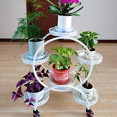 Metal Plant Stands 6 Pots Plants Flower Holder 4 Tier Display Shelf Rack with Wheels for Patio Garden Yard Home Decor Indoor And Outdoor, Round White - Image 7