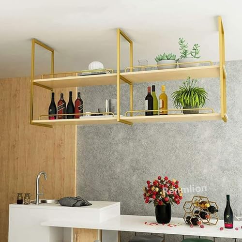 Ceiling Mounted Wine Rack，Industrial Wine Glass Shelf for Wall Storage Shelving，2-Layer Hanging Plant Flower Pot Stand Floating Decorations Shelves，Gold(120x30x80cm) - Image 7