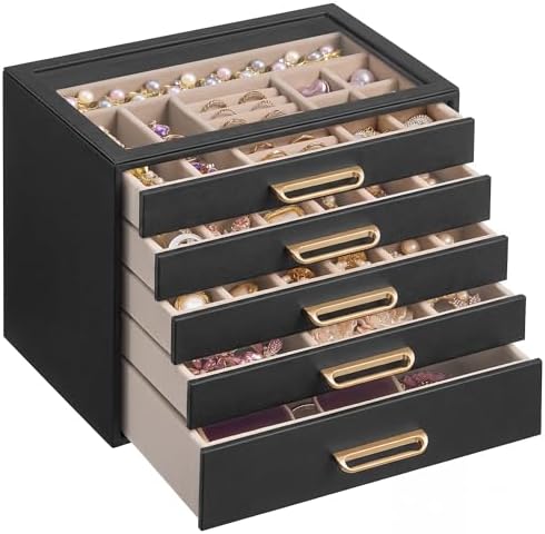 SONGMICS 5-Layer Jewelry Box with Glass Window, 5 Drawers, Golden Handles by SONGMICSbySONGMICSHOME