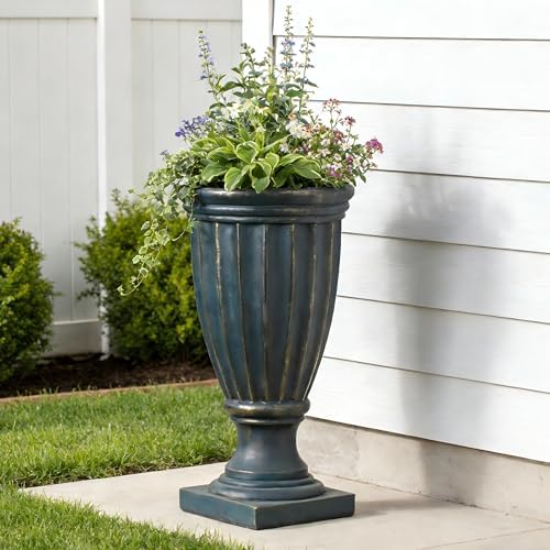 Christopher Knight Home 26.77 Inch Tall Fluted Pedestal Urn Planter MGO Outdoor Flower Pot Faux Stone Garden Planter for Patio Porch Entryway Decor, Antique Green - Image 6