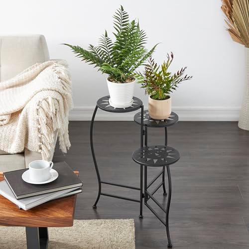 Deco 79 Metal Indoor Plantstand Folding 3 Tier Plant Shelf with Sun Face Cutouts, Plant Stand 18" x 18" x 24", Black - Image 2